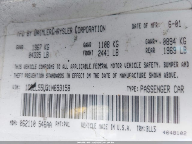 45633181 :رقم المزاد ، 1C3EL55U31N693158 vin ، 2001 Chrysler Sebring Lxi مزاد بيع