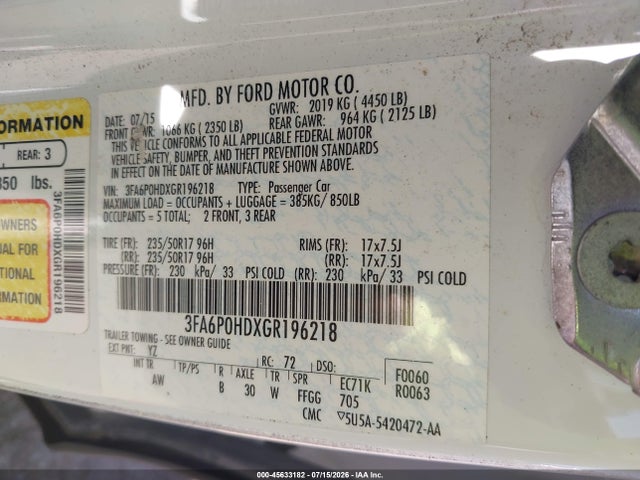 Aukcja sprzedaży 2016 Ford Fusion Se, vin: 3FA6P0HDXGR196218, numer aukcji: 45633182
