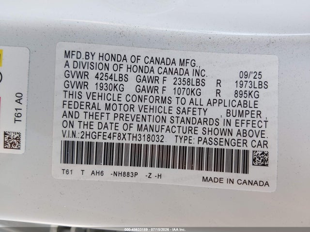 2HGFE4F8XTH318032 Honda Civic Hybrid Sport/sport Touring