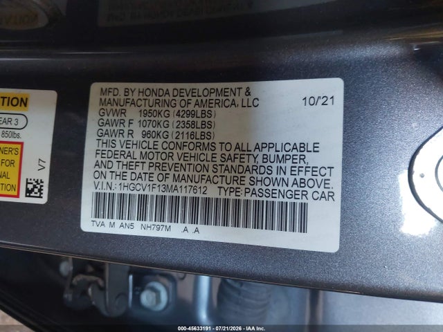 Honda ACCORD LX 2021 1HGCV1F13MA117612 Image 9