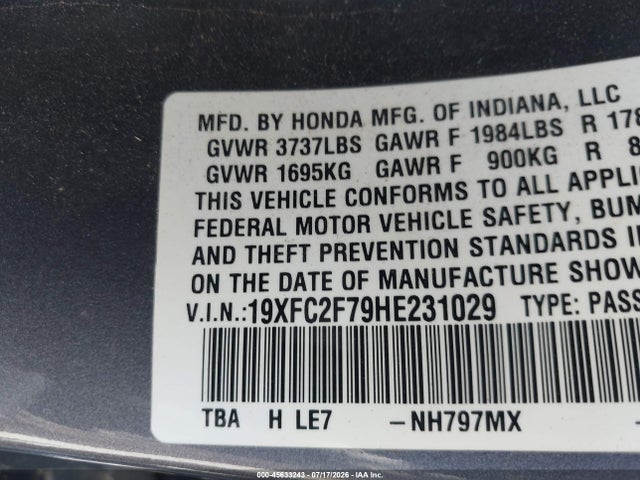 Honda CIVIC EX 2017 19XFC2F79HE231029 Image 9