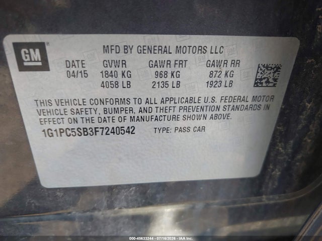 Aukcja sprzedaży 2015 Chevrolet Cruze 1lt Auto, vin: 1G1PC5SB3F7240542, numer aukcji: 45633244