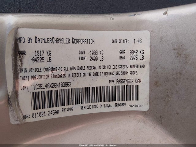 45633265 :رقم المزاد ، 1C3EL46X26N183863 vin ، 2006 Chrysler Sebring مزاد بيع