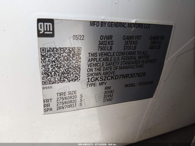 45633273 :رقم المزاد ، 1GKS2CKD7NR307628 vin ، 2022 Gmc Yukon 4wd At4 مزاد بيع