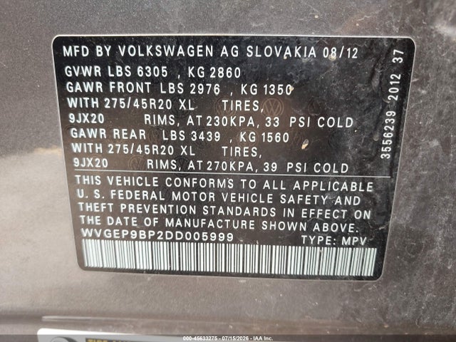 Продаж на аукціоні авто 2013 Volkswagen Touareg Tdi Executive, vin: WVGEP9BP2DD005999, номер лоту: 45633275