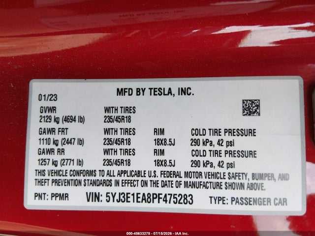 Tesla Model 3 Rear-wheel Drive 2023 5YJ3E1EA8PF475283 Image 9