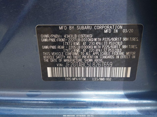 Продаж на аукціоні авто 2020 Subaru Crosstrek, vin: JF2GTABC5L8267659, номер лоту: 45633280