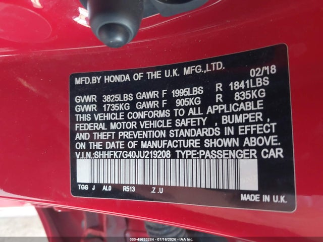 SHHFK7G40JU219208 Honda Civic Sport