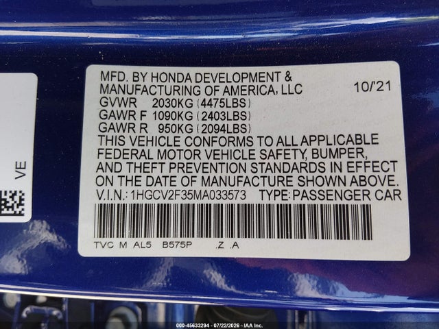 1HGCV2F35MA033573 Honda Accord Sport 2.0t
