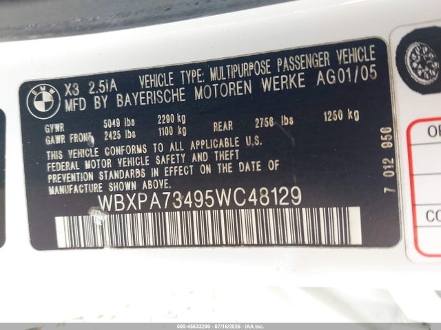 Продажа на аукционе авто 2005 Bmw X3 2.5i, vin: WBXPA73495WC48129, номер лота: 45633299