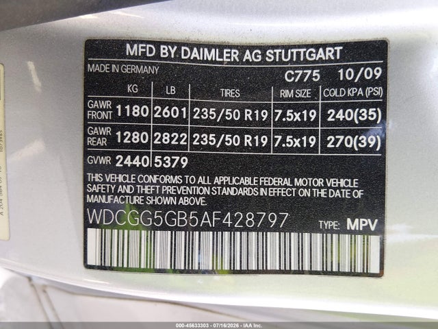 45633303 :رقم المزاد ، WDCGG5GB5AF428797 vin ، 2010 Mercedes-benz Glk 350 مزاد بيع