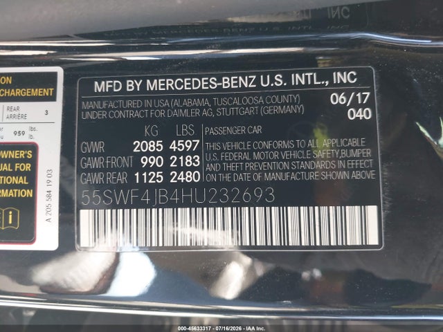 Продажа на аукционе авто 2017 Mercedes-benz C 300, vin: 55SWF4JB4HU232693, номер лота: 45633317