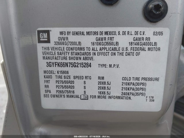 45633335 :رقم المزاد ، 3GYFK66N75G215284 vin ، 2005 Cadillac Escalade Esv Platinum Edition مزاد بيع