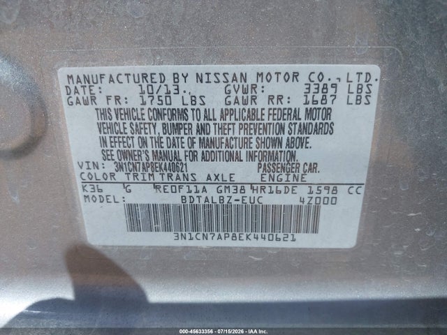 3N1CN7AP8EK440621 Nissan Versa 1.6 Sv