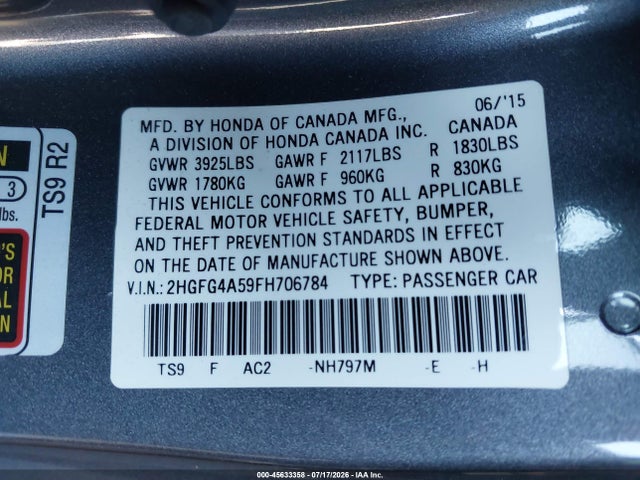 Honda CIVIC SI 2015 2HGFG4A59FH706784 Image 9