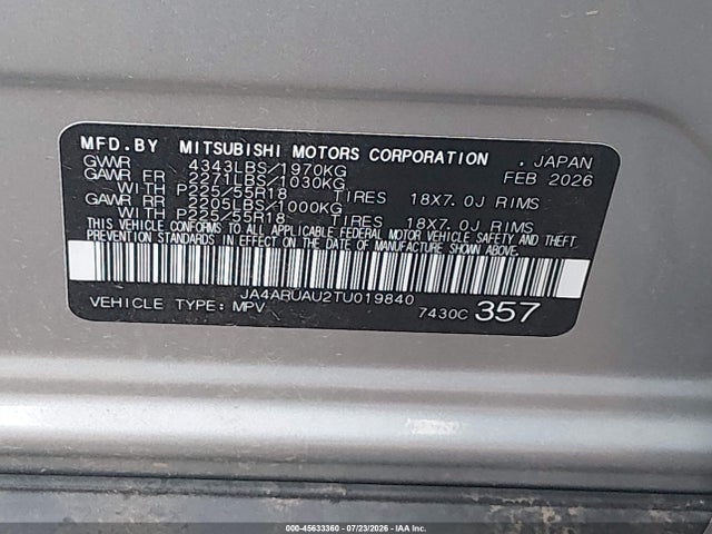 JA4ARUAU2TU019840 Mitsubishi OUTLANDER SPORT