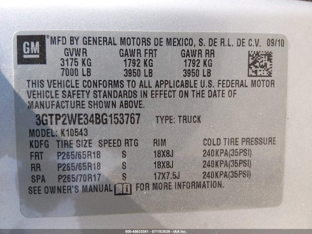 Продажа на аукционе авто 2011 Gmc Sierra 1500 Slt, vin: 3GTP2WE34BG153767, номер лота: 45633381