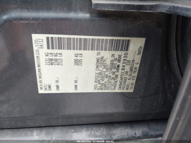Aukcja sprzedaży 2012 Nissan Maxima 3.5 S, vin: 1N4AA5AP2CC843930, numer aukcji: 45633382