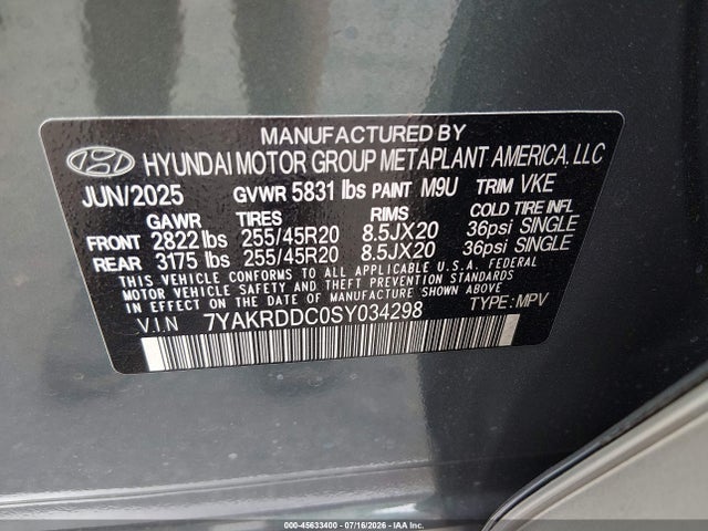 Aukcja sprzedaży 2025 Hyundai Ioniq 5 Limited, vin: 7YAKRDDC0SY034298, numer aukcji: 45633400