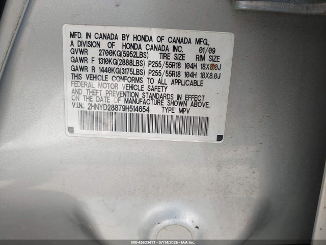 45633411 :رقم المزاد ، 2HNYD28879H514654 vin ، 2009 Acura Mdx Sport Package مزاد بيع
