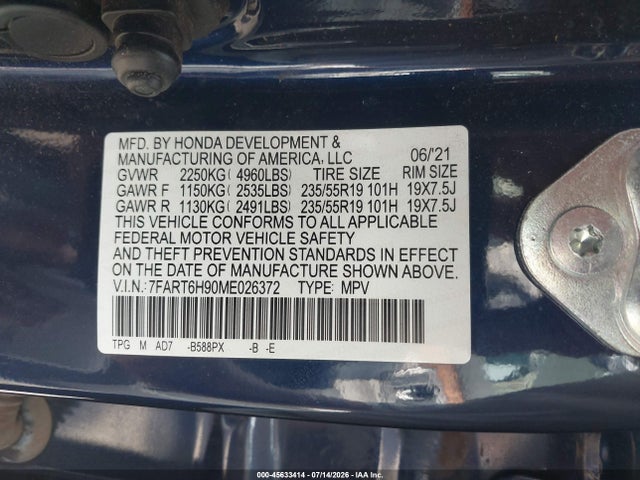 45633414 :رقم المزاد ، 7FART6H90ME026372 vin ، 2021 Honda Cr-v Hybrid Touring مزاد بيع