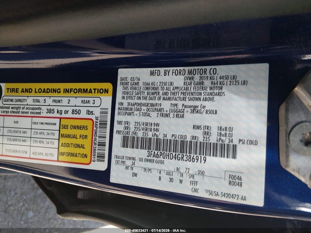 Ford FUSION SE 2016 3FA6P0HD4GR386919 Image 9