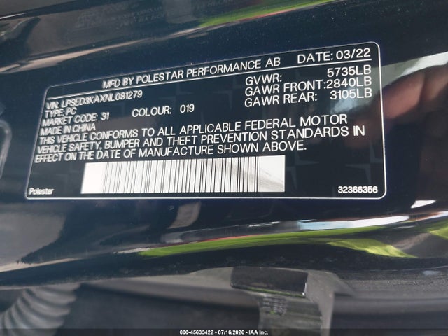45633422 :رقم المزاد ، LPSED3KAXNL081279 vin ، 2022 Polestar 2 Long Range Dual Motor مزاد بيع