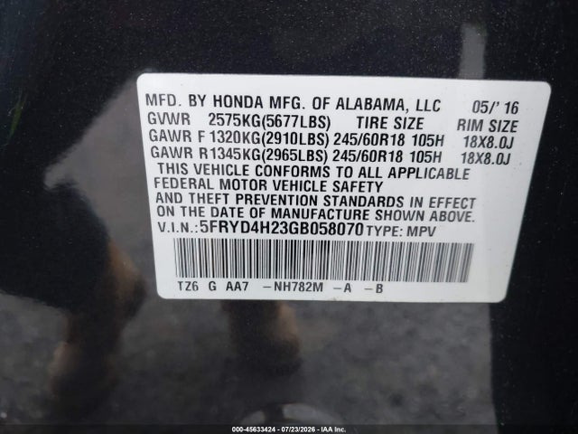 45633424 :رقم المزاد ، 5FRYD4H23GB058070 vin ، 2016 Acura Mdx Acurawatch Plus Package مزاد بيع