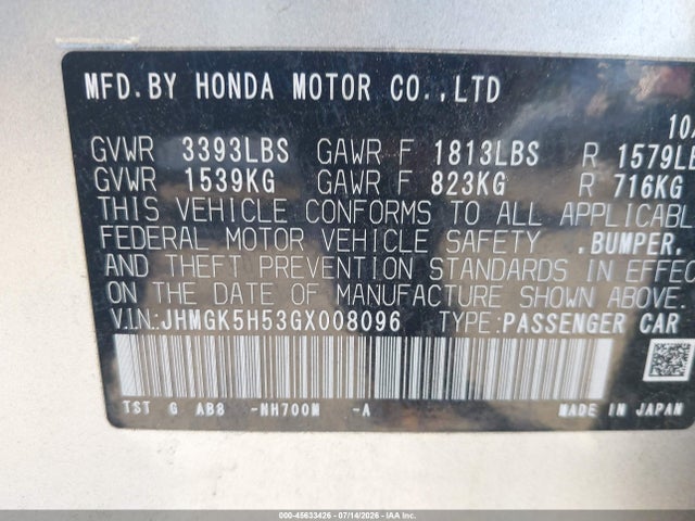 JHMGK5H53GX008096 Honda FIT LX