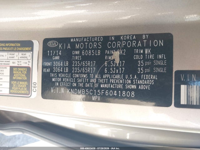 Продаж на аукціоні авто 2015 Kia Sedona Lx, vin: KNDMB5C15F6041808, номер лоту: 45633439