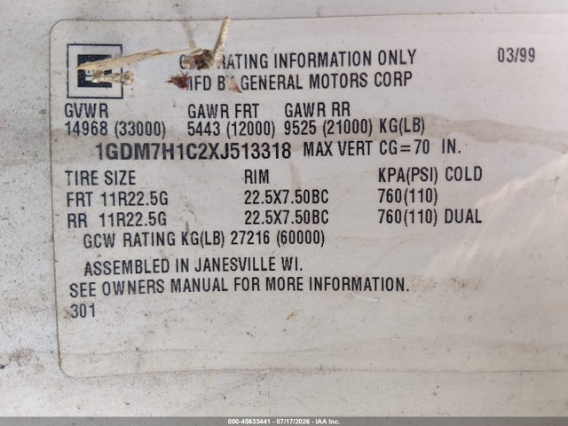 Продаж на аукціоні авто 1999 Gmc C-series C7h042, vin: 1GDM7H1C2XJ513318, номер лоту: 45633441