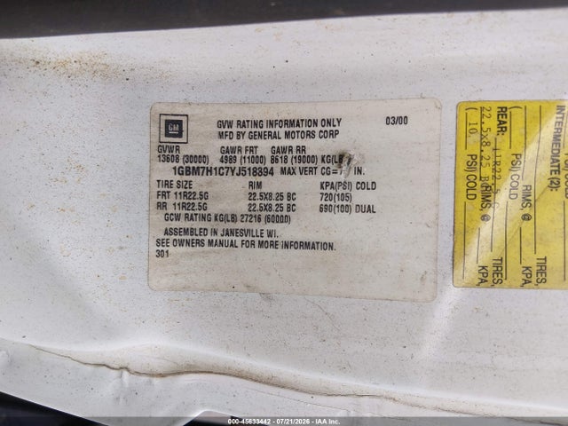 45633442 :رقم المزاد ، 1GBM7H1C7YJ518394 vin ، 2000 Chevrolet Cc7h042 مزاد بيع