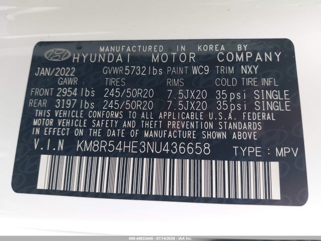 2022 Hyundai Palisade Limited მანქანა იყიდება აუქციონზე, vin: KM8R54HE3NU436658, აუქციონის ნომერი: 45633448