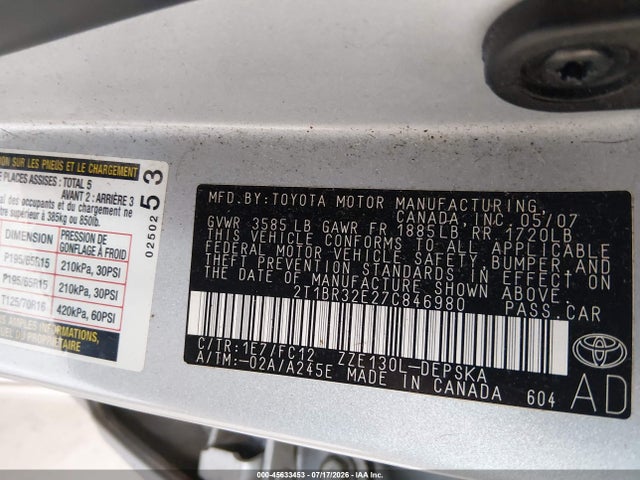 45633453 :رقم المزاد ، 2T1BR32E27C846980 vin ، 2007 Toyota Corolla S مزاد بيع