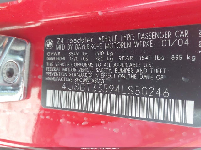45633456 :رقم المزاد ، 4USBT33594LS50246 vin ، 2004 Bmw Z4 2.5i مزاد بيع