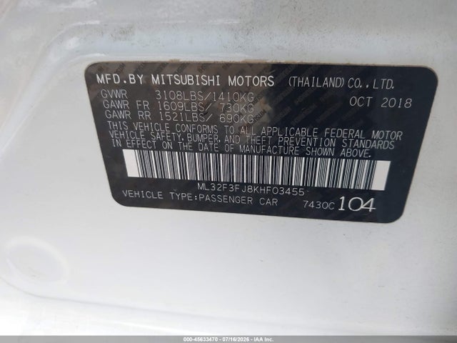 Aukcja sprzedaży 2019 Mitsubishi Mirage G4 Es, vin: ML32F3FJ8KHF03455, numer aukcji: 45633470