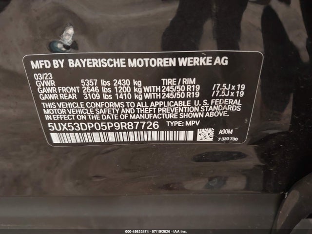 Продаж на аукціоні авто 2023 Bmw X3 Xdrive30i, vin: 5UX53DP05P9R87726, номер лоту: 45633474