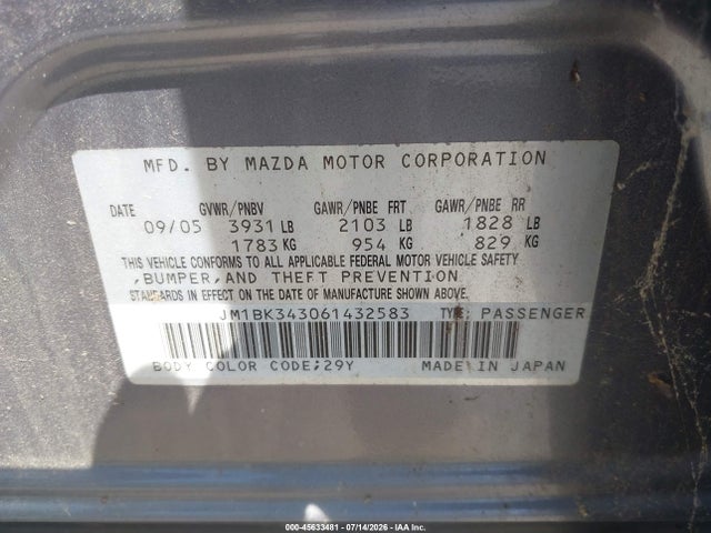 Продаж на аукціоні авто 2006 Mazda Mazda3 S Touring, vin: JM1BK343061432583, номер лоту: 45633481
