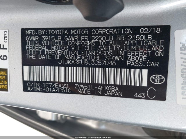 JTDKARFU8J3057048 Toyota Prius Four