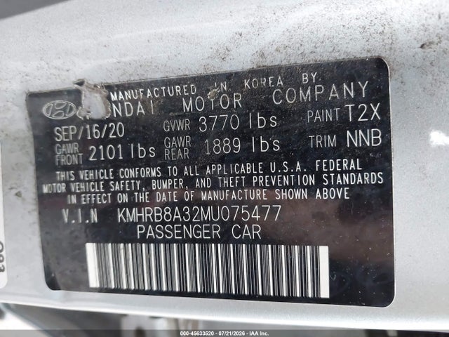 45633520 :رقم المزاد ، KMHRB8A32MU075477 vin ، 2021 Hyundai Venue Se مزاد بيع