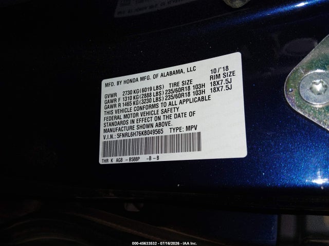 5FNRL6H76KB049565 Honda Odyssey Ex-l