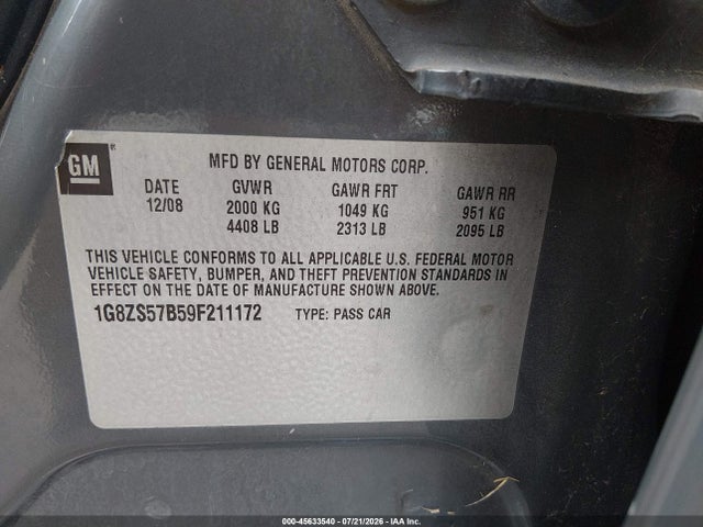 Aukcja sprzedaży 2009 Saturn Aura Xe, vin: 1G8ZS57B59F211172, numer aukcji: 45633540