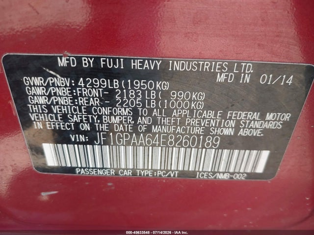 JF1GPAA64E8260189 Subaru Impreza 2.0i