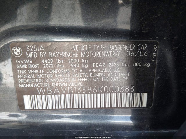 Aukcja sprzedaży 2006 Bmw 325i, vin: WBAVB13586K000383, numer aukcji: 45633556
