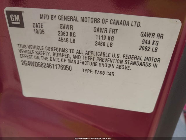 45633564 :رقم المزاد ، 2G4WD582461176950 vin ، 2006 Buick Lacrosse Cxl مزاد بيع