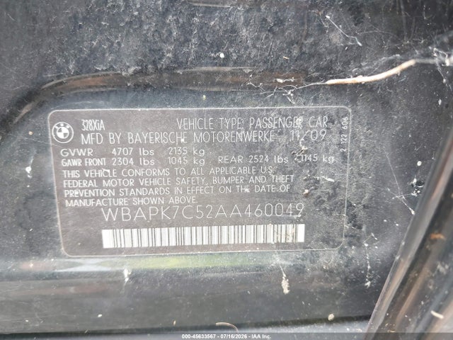 45633567 :رقم المزاد ، WBAPK7C52AA460049 vin ، 2010 Bmw 328i Xdrive مزاد بيع