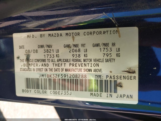 Aukcja sprzedaży 2009 Mazda Mazda3 I, vin: JM1BK32F591208288, numer aukcji: 45633570