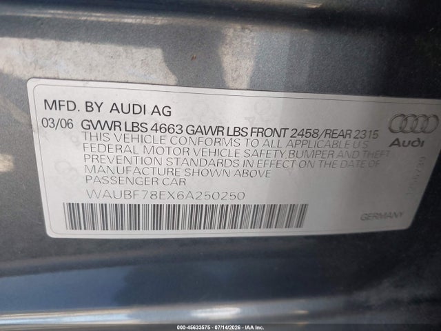 45633575 :رقم المزاد ، WAUBF78EX6A250250 vin ، 2006 Audi A4 2.0t مزاد بيع