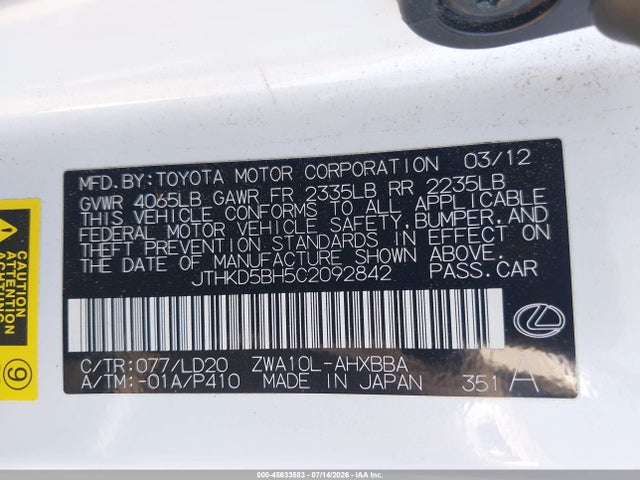 45633583 :رقم المزاد ، JTHKD5BH5C2092842 vin ، 2012 Lexus Ct 200h Premium مزاد بيع