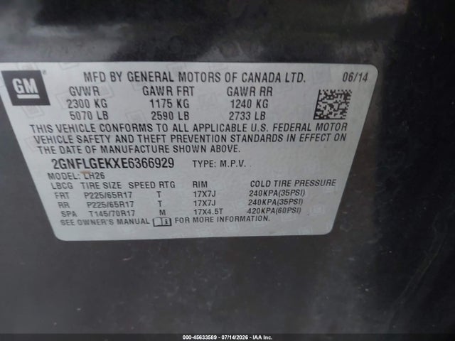 45633589 :رقم المزاد ، 2GNFLGEKXE6366929 vin ، 2014 Chevrolet Equinox Lt مزاد بيع